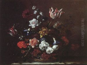 A Still Life Of Parrot Tulips Convolulus, Peonies And Other Flowers In A Basket On A Stone Ledge by Nicolas Baudesson