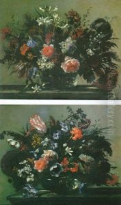 Nature Morte Au Bouquet De Fleurs Dans Une Vase En Verre Sur Un Entablement