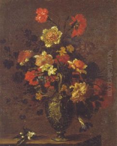 Roses, Carnations, Morning Glory And Other Flowers In A Scuplted Urn On A Ledge by Nicolas Baudesson