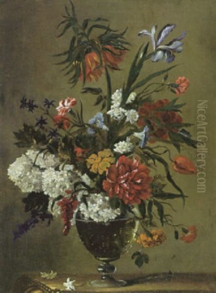 Blumenstilleben Mit Konigskrone, Schneeballen, Lilie, Nelke, Tulpe, Jasmin Und Andere Bluten In Bauchiger Glasvase - view 1