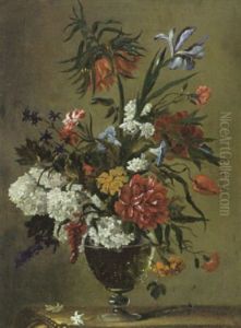 Blumenstilleben Mit Konigskrone, Schneeballen, Lilie, Nelke, Tulpe, Jasmin Und Andere Bluten In Bauchiger Glasvase by Nicolas Baudesson