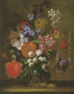 Blumenstilleben Mit Schneeballen, Narzissen, Rosen Und Andere Bluten In Einer Bauchigen Glasvase