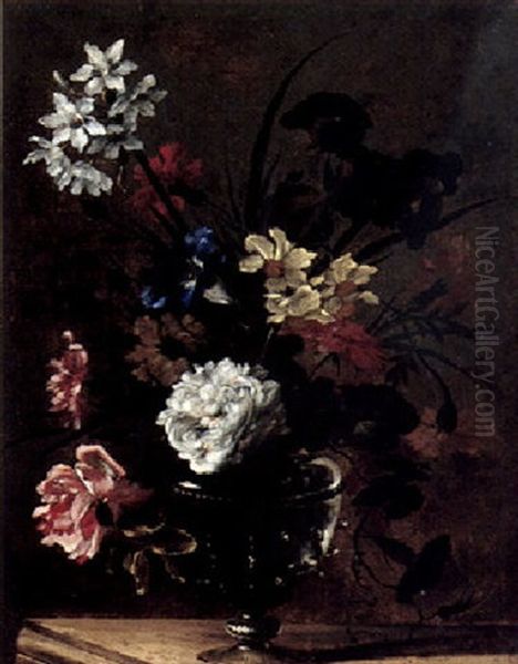 Still Life Of Various Flowers In A Glass Vase, On A Stone Ledge - view 1
