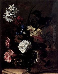 Still Life Of Various Flowers In A Glass Vase, On A Stone Ledge Still Life Of Various Flowers In A Glass Vase, On A Stone Ledge