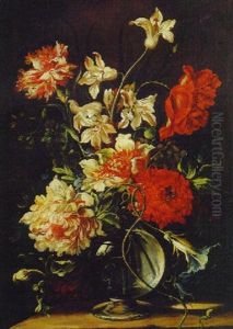 Morning Glory, Chrysanthemums, Amaryllis And Carnations In A Glass Vase On A Ledge