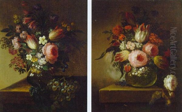 Tulips, Carnations And Other Flowers In A Glass Vase On A Ledge - view 1