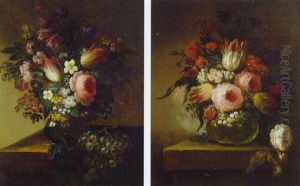 Tulips, Carnations And Other Flowers In A Glass Vase On A Ledge by Nicolas Baudesson