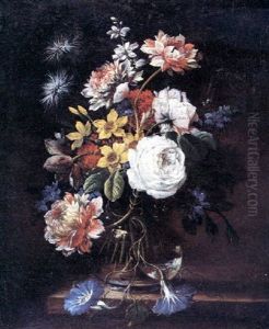 A Still Life Of Roses, Narcissi, Convulvulus And Other Flowers In A Glass Vase On A Stone Ledge by Nicolas Baudesson