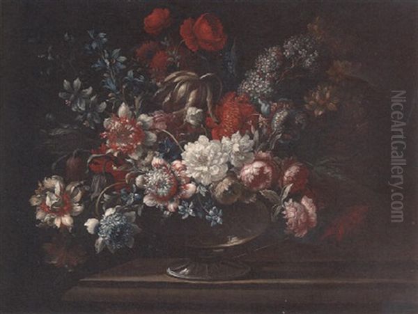 Peonies, Tulips, Poppies, And Other Flowers In A Glass Vase On A Ledge - view 1