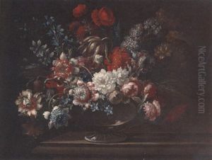 Peonies, Tulips, Poppies, And Other Flowers In A Glass Vase On A Ledge by Nicolas Baudesson