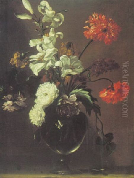 Still Life Of Lilies And Other Flowers In A Glass Vase, On A Stone Ledge - view 1