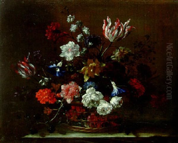 Roses, Parrot Tulips, Carnations, And Other Flowers In A Basket On A Ledge - view 1