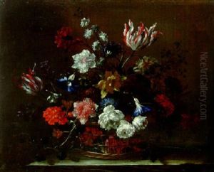 Roses, Parrot Tulips, Carnations, And Other Flowers In A Basket On A Ledge