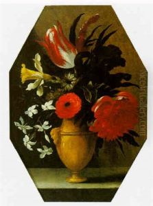 A Still Life Of Flowers In A Vase On A Ledge A Still Life Of Flowers In A Vase On A Ledge
