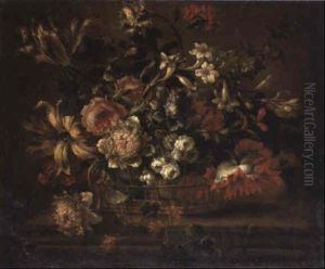 A Basket Of Flowers On A Ledge by Nicolas Baudesson