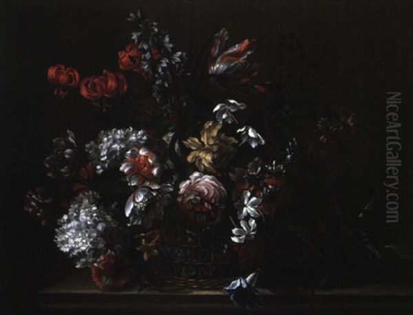 Corbeille De Fleurs Sur Un Entablement De Pierre - view 1