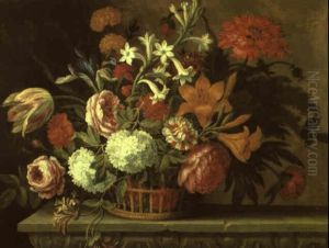 Still Life With Tulips And Other Flowers In A Basket On A Stone Ledge by Nicolas Baudesson