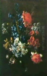 Bouquet De Fleurs Bleues, Rouges Et Blanches Dans Un Vase Translucide by Nicolas Baudesson