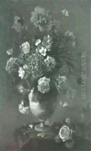 Blumenstilleben. Rosen, Akeleinelken Und Andere Bluten In   Einer Balustervase Auf Einem Marmorsockel.