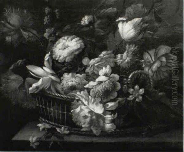 Still Life Of Flowers In A Basket On A Ledge - view 1