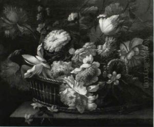 Still Life Of Flowers In A Basket On A Ledge by Nicolas Baudesson
