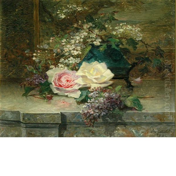 Still Life Of Cherry Blossoms, Roses And Lilacs On A Ledge - view 1