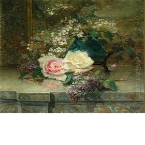 Still Life Of Cherry Blossoms, Roses And Lilacs On A Ledge