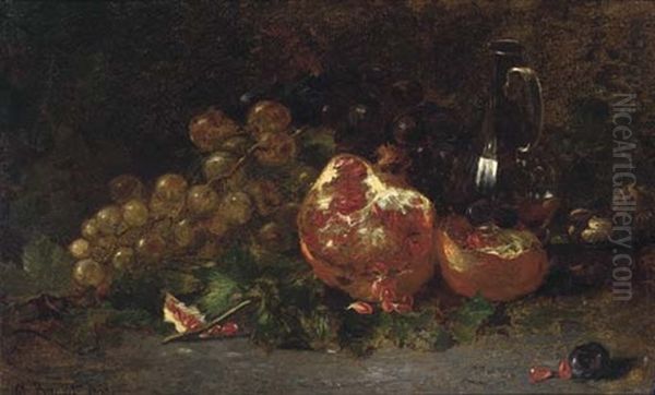 Pomegranates, Grapes And A Carafe Of Wine On A Mossy Bank - view 1
