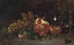 Pomegranates, Grapes And A Carafe Of Wine On A Mossy Bank