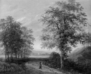 Landschaft Mit Wanderer Am See by Amedee Baudit