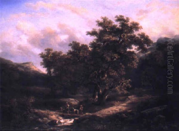 Mountainous Wooded Landscape With Countryfolk Crosssing A Bridge - view 1