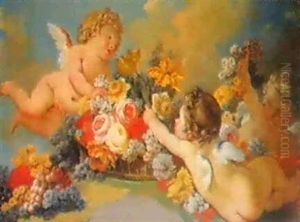 Tre Putti Alati Con Fiori E Frutta by Pierre Antoine Baudouin