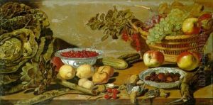 Bowls Of Cherries And Blackberries, Other Fruit, Vegetables And Dead Birds On A Table by Robert Willemsz. de Baudous