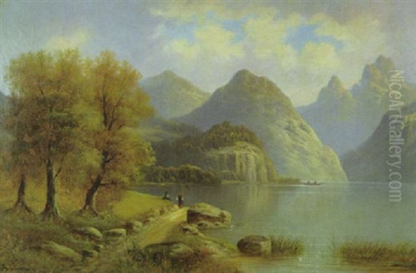 Alpensee Mit Anglern In Verhangener Herbstsonne - view 1