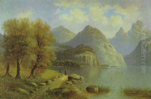 Alpensee Mit Anglern In Verhangener Herbstsonne by Auguste Felix Bauer
