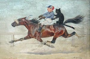 Aschermittwock (ash Wednesday) - A Bay Racehorse With Jockey And Cat Up by Carl Franz Bauer