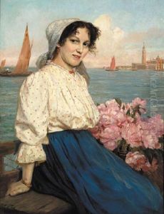 Portrait Of A Woman Sitting On A Bench, A Venetian Lagoon And St Marks Square Beyond
