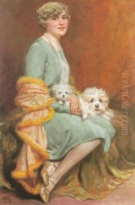 Portrait Einer Blonden Dame Mit Perlkette Und Zwei Schoshunden by Gustav Bauer