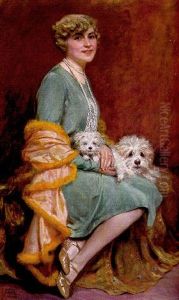 Portrat Einer Jungen Blonden Frau Mit Zwei Schoshunden by Gustav Bauer