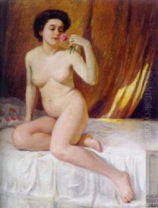 Reizvoller Frauenakt Auf Bett Sitzend by Gustav Bauer