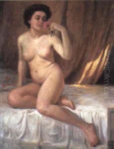 Female Nude Holding A Rose by Gustav Bauer