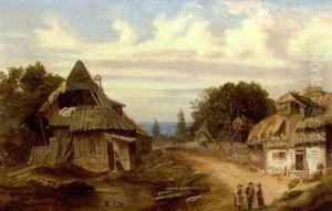 Tiroler Bauerndorf An Einem Sandigen Fahrweg, Auf Dem Sich Ein Bauer Mit Zwei Bauerinnen Unterhalt by Konstantin Bauer