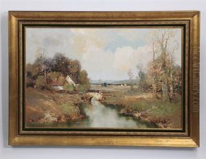 Rural Landscape With Cottages Near A River