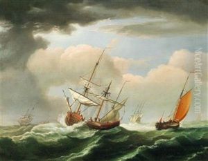 Sailing Boats On Rough Seas by Nicolaas Bauer