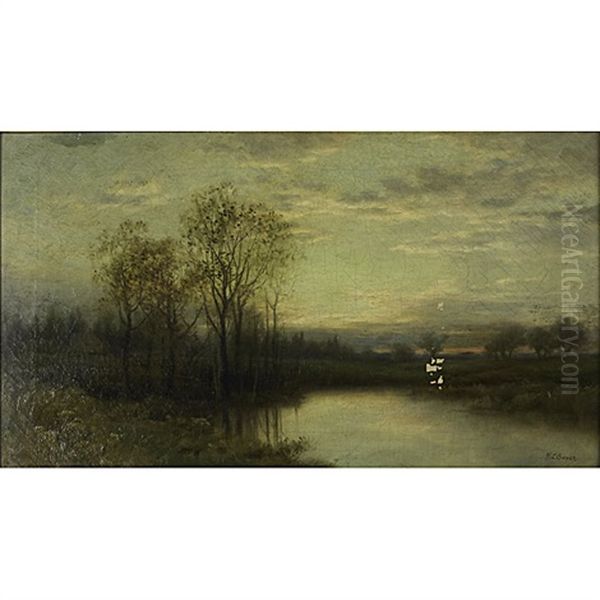 Sun Setting Over A Pastoral Landscape With Stream - view 1