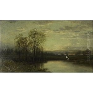 Sun Setting Over A Pastoral Landscape With Stream Sun Setting Over A Pastoral Landscape With Stream