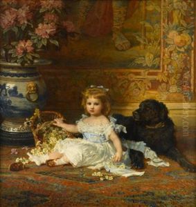 Portrait Of Young Girl With A Basket Of Flowers And Her Dog by Carl Wilhelm Friedrich Bauerle