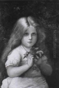 Portrait Of A Young Girl, Standing Half Length, Holding A Handful Of Flowers by Carl Wilhelm Friedrich Bauerle