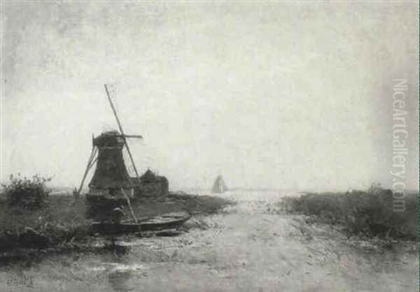 River Estuary With A Figure In A Punt By A Windmill - view 1