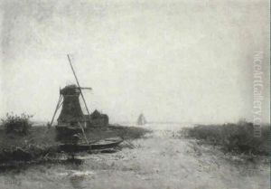 River Estuary With A Figure In A Punt By A Windmill